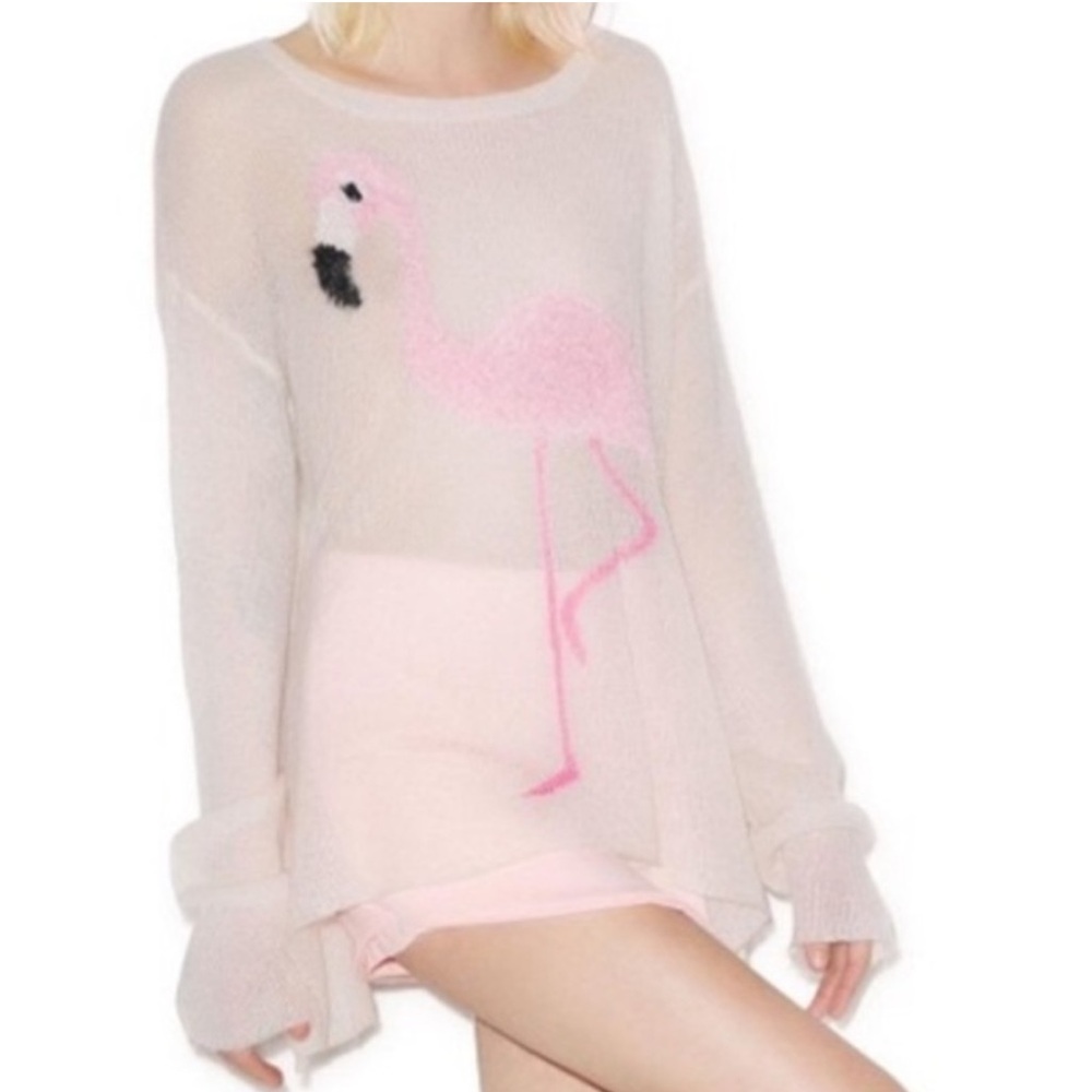WILDFOX Pink Flamingo WHITE LABEL Knit Sweater Top Sheer Shirt Wool Boho Kawaii